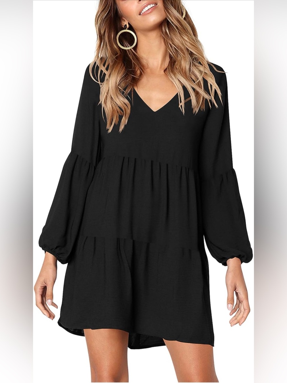 Womens Swing Shift Long Sleeve V Neck Tunic Dress, Black, Size L